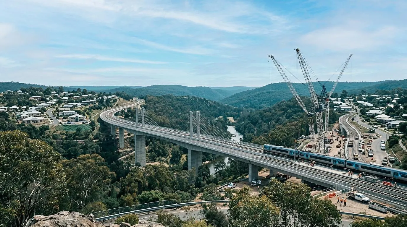 A rail viaduct under construction across a wooded valley, connecting two towns.