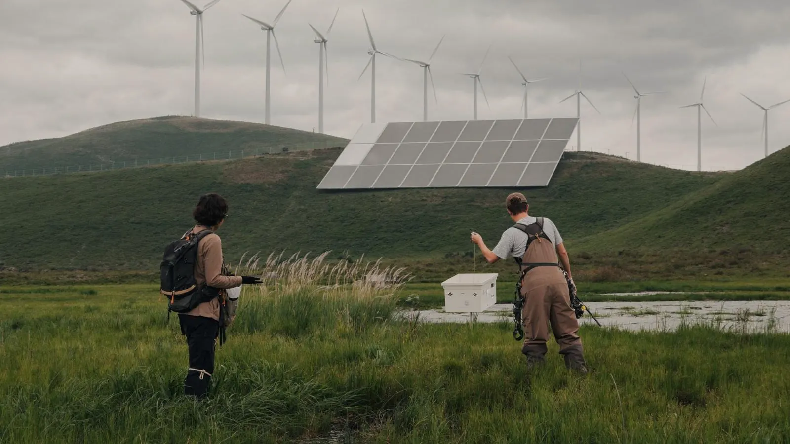 Two field researchers seen from behind sampling a wetland stream, with wind turbines and a solar array on the hills behind.